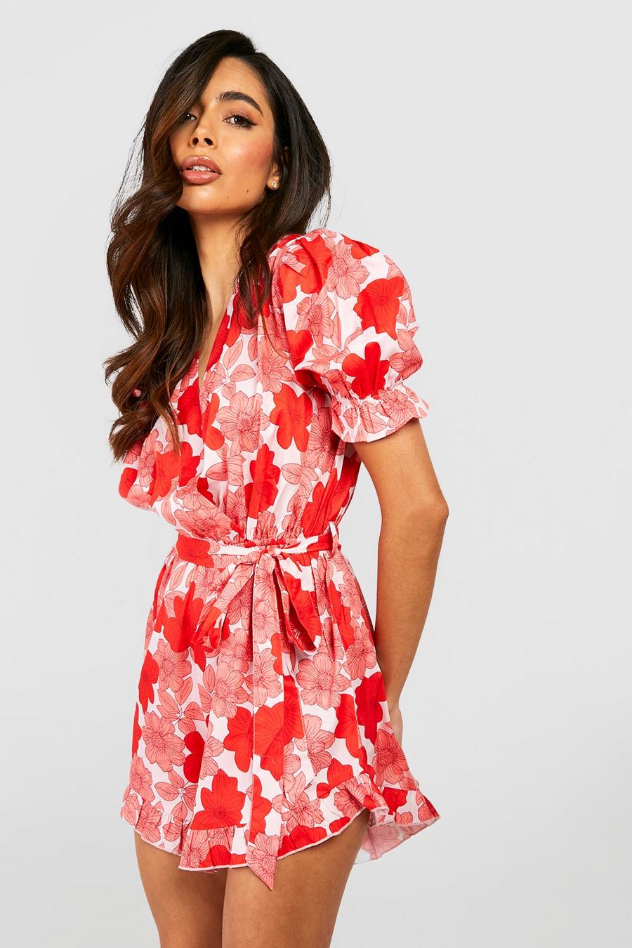 Pink Floral Wrap Ruffle Short Playsuit image number 1