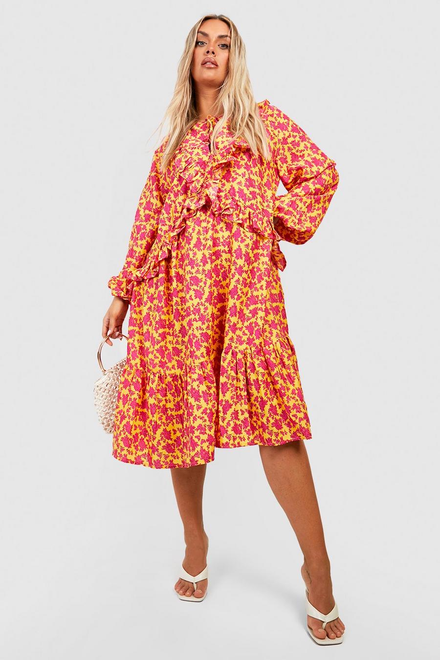 Yellow Plus Floral Ruffle Midi Dress image number 1