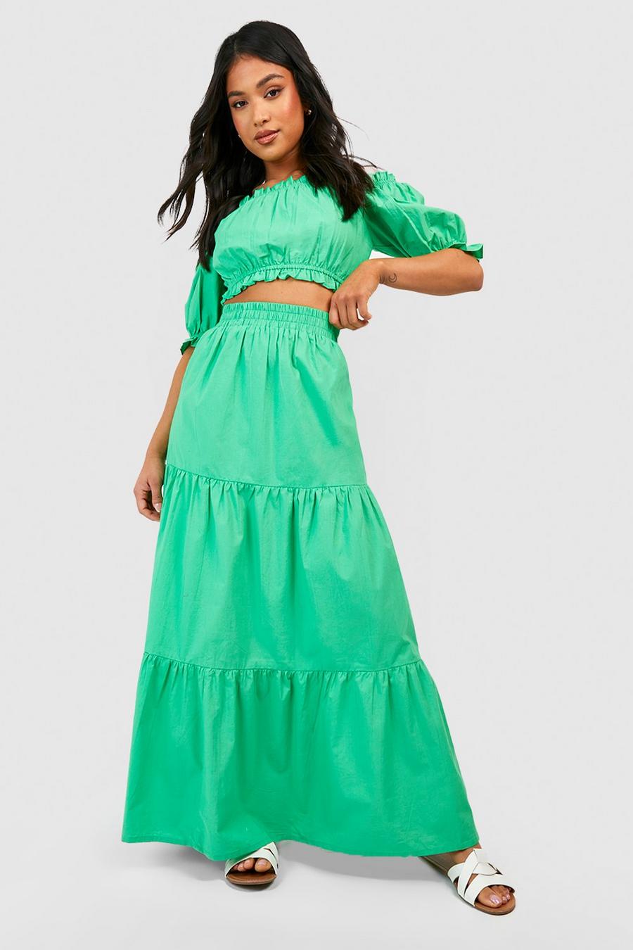 Pale green Petite Cotton Bardot Top & Tiered Maxi Skirt Co-ord