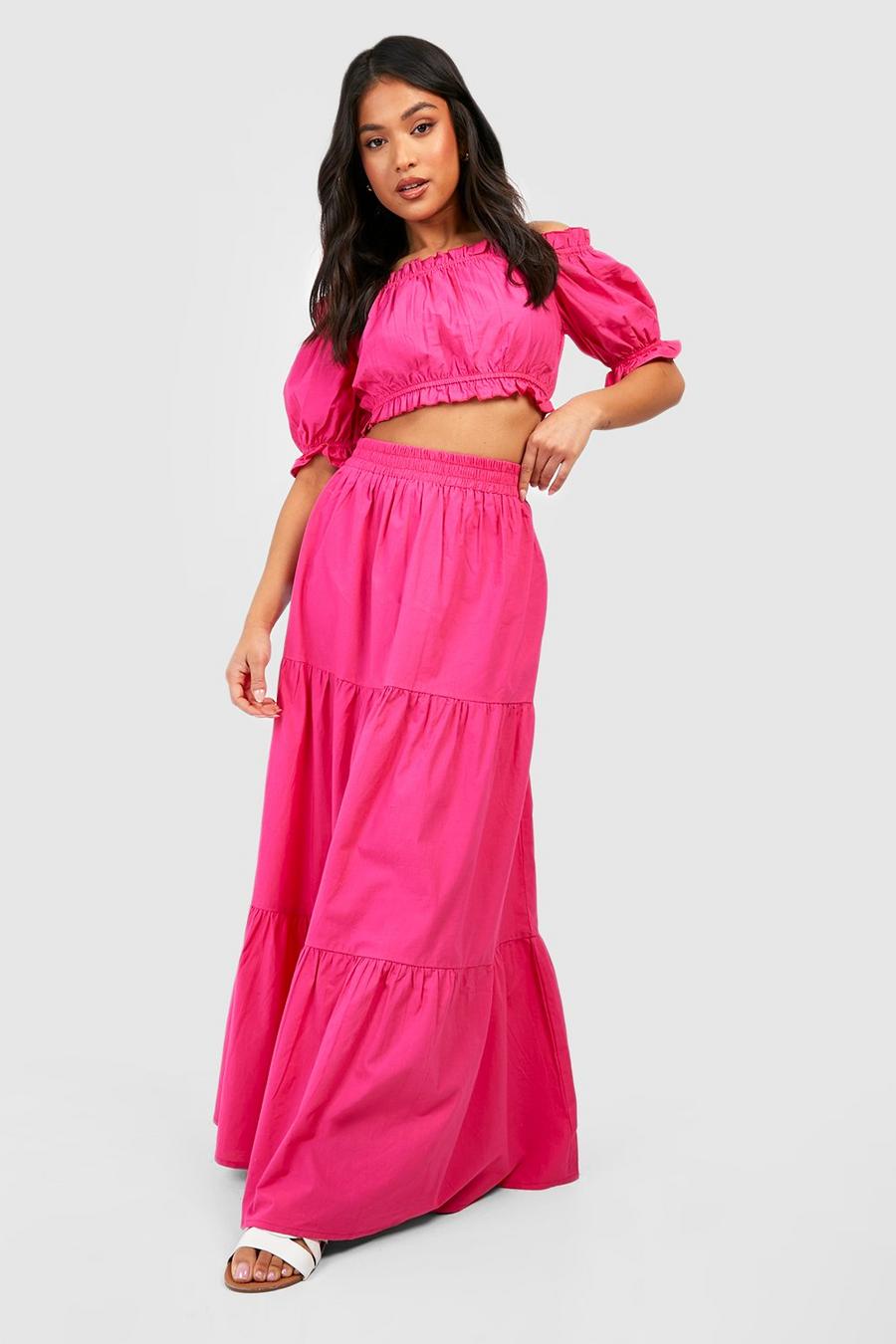 Pink Petite Cotton Bardot Top & Tiered Maxi Skirt Co-ord image number 1