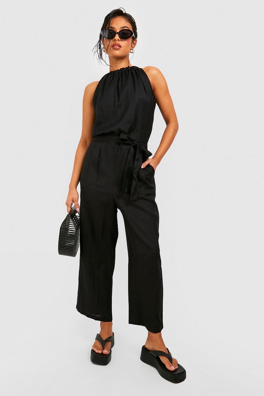 Black Petite Belted Halter Linen Culotte Jumpsuit