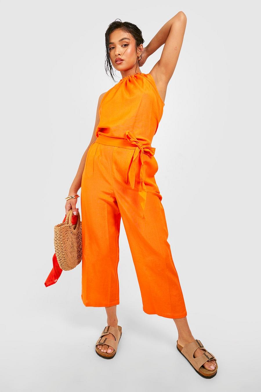 Orange Petite Belted Halter Linen Culotte Jumpsuit image number 1