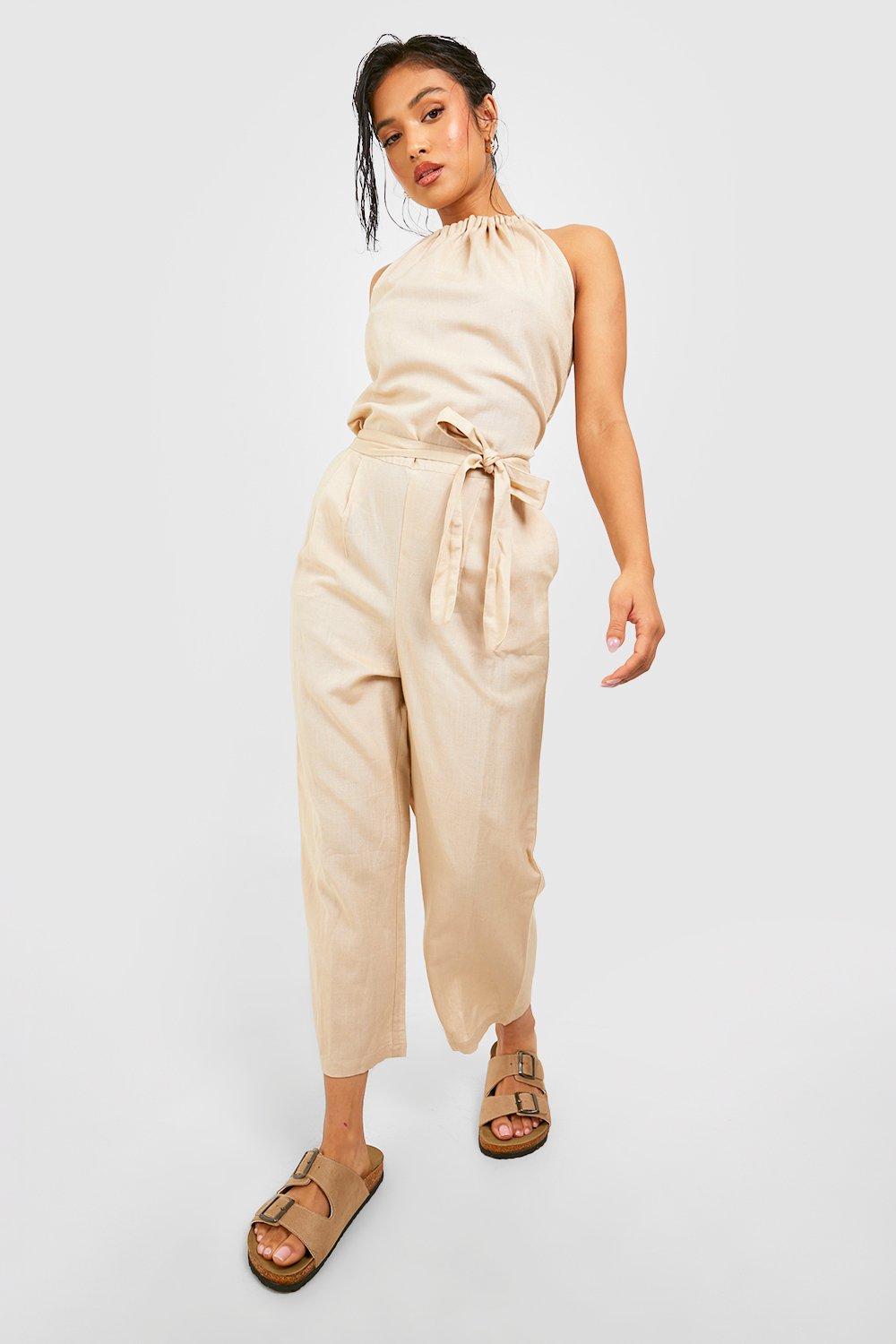 Petite Belted Halter Linen Look Culotte Jumpsuit