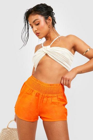 Petite Linen Look Shirred Waist Shorts orange