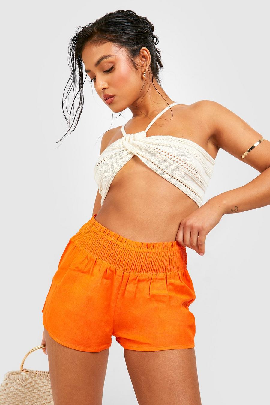 Orange Petite Linen Shirred Waist Shorts image number 1