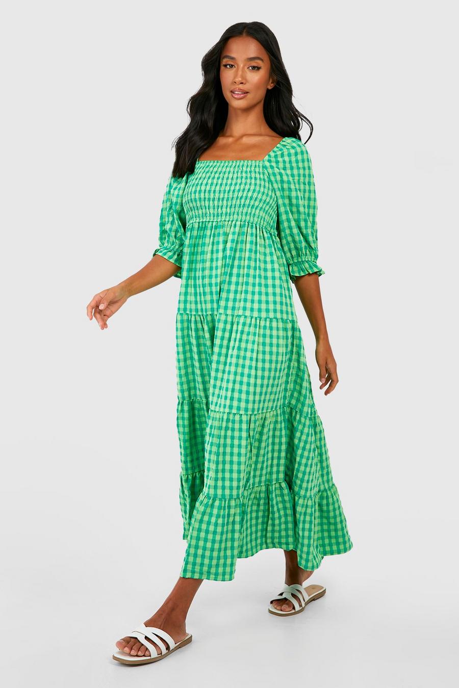 Green Petite Gingham Print Midi Dress