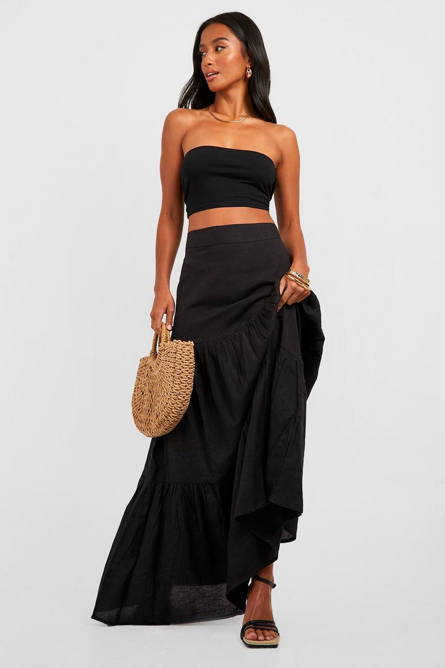 Black Petite Linen Tiered Maxi Skirt