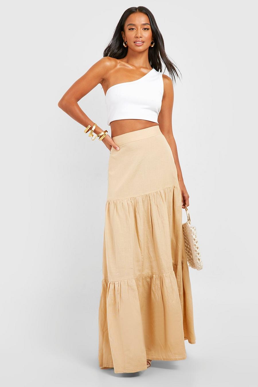 Sand beige Petite Linen Tiered Maxi Skirt