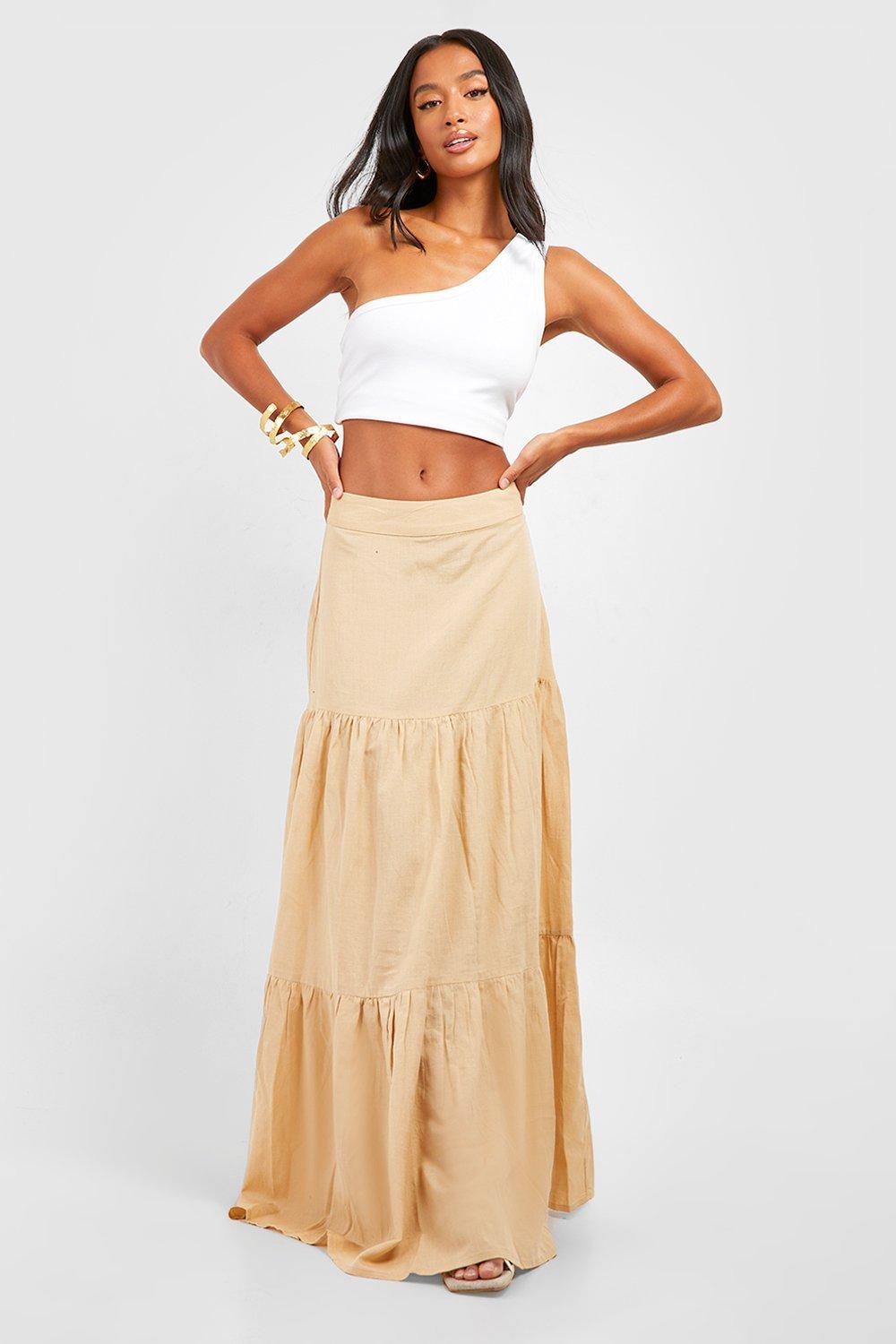 Petite Linen Tiered Maxi Skirt boohoo