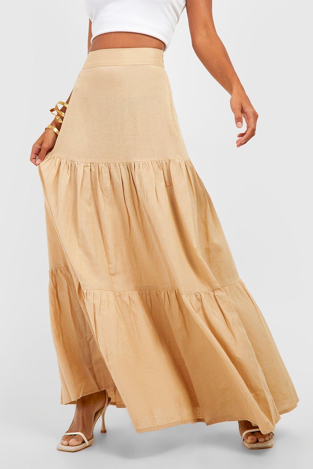 Petite Linen Tiered Maxi Skirt boohoo