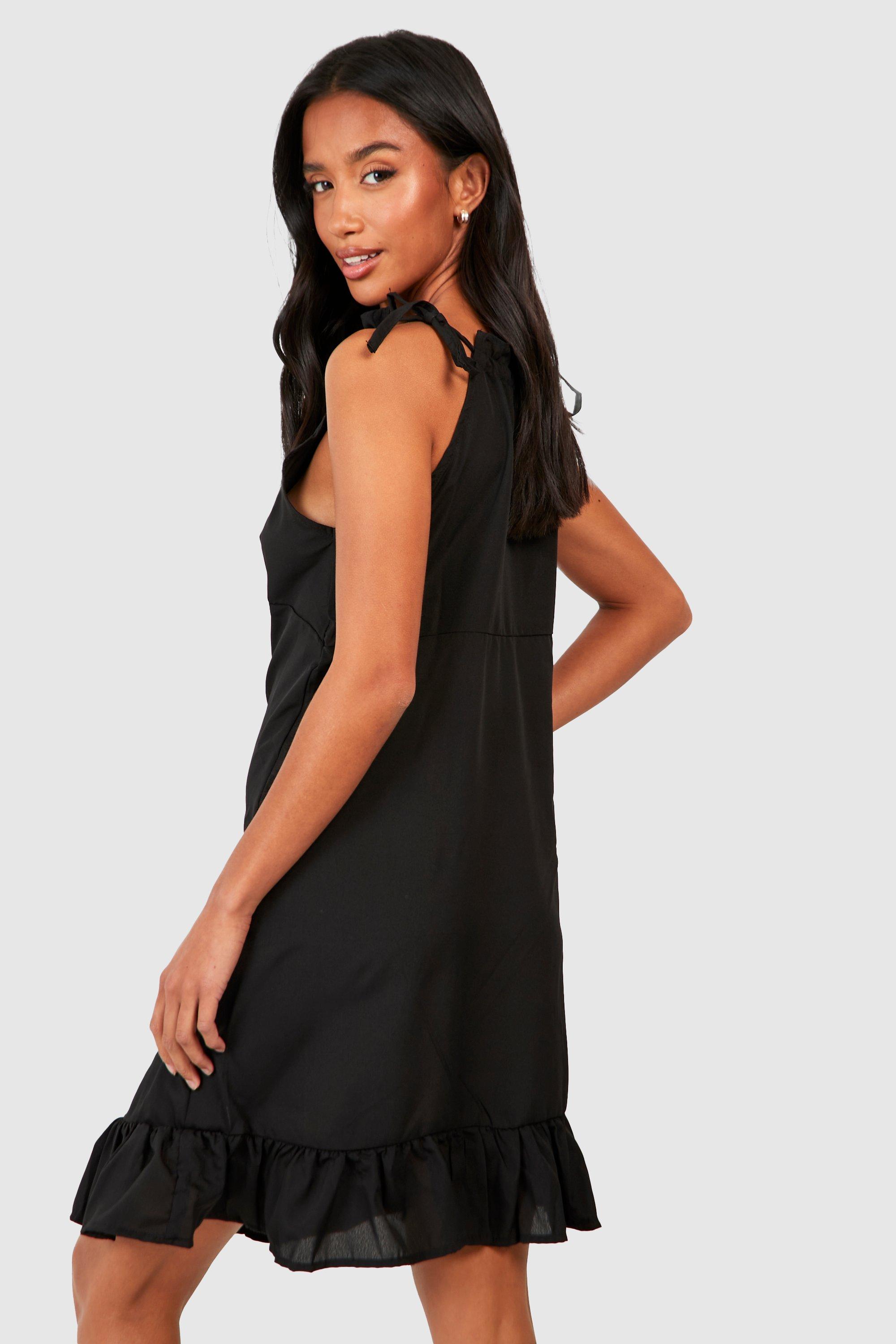 Black Satin Ruffle Strap Frill Hem Bodycon Dress