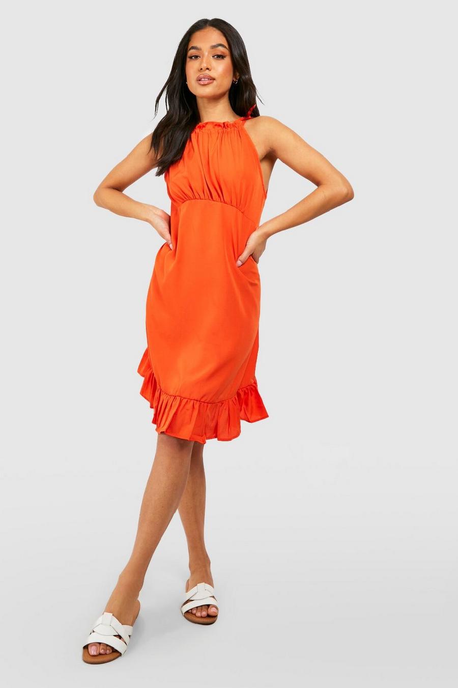 Petite Kleid mit geschnürten Trägern und Rüschen-Detail, Orange image number 1