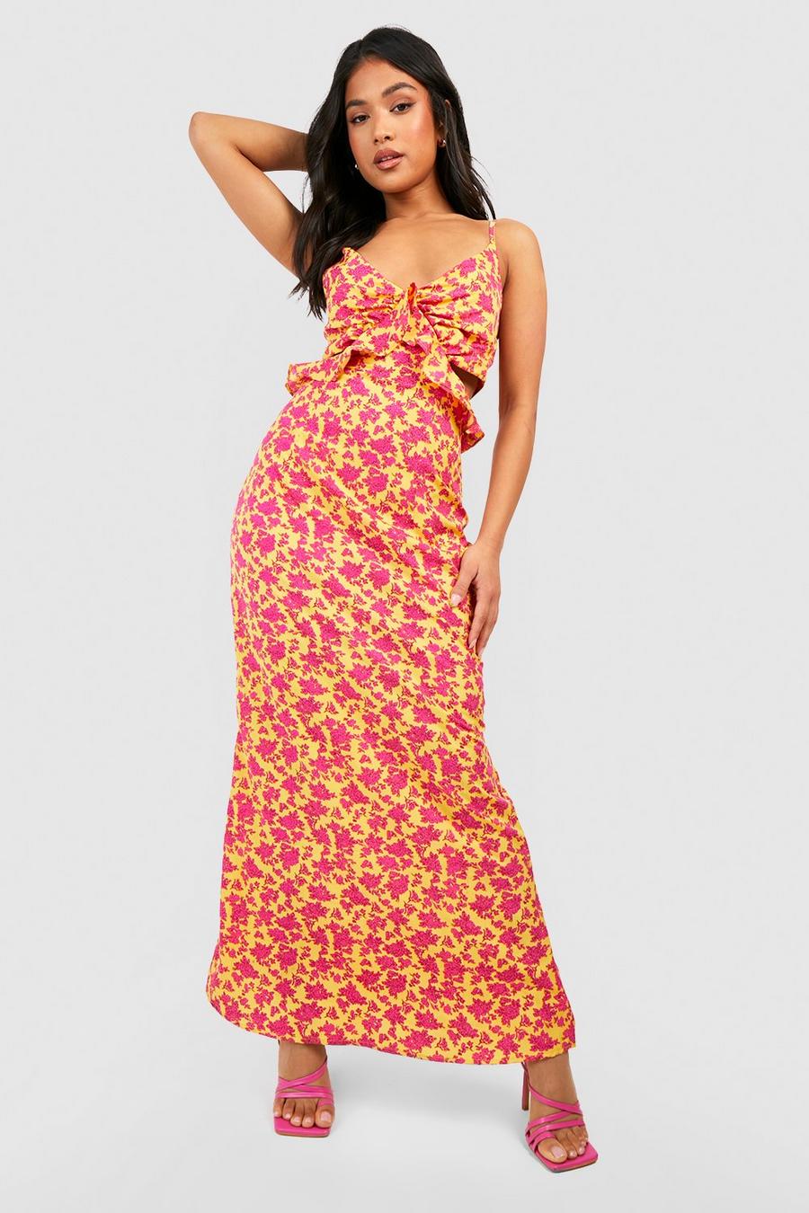 Yellow Petite Floral Strappy Frill Detail Maxi Dress image number 1