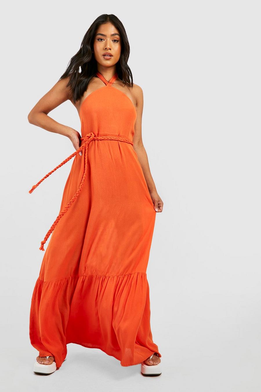 Orange Petite Halterneck Belted Frill Hem Maxi Dress image number 1