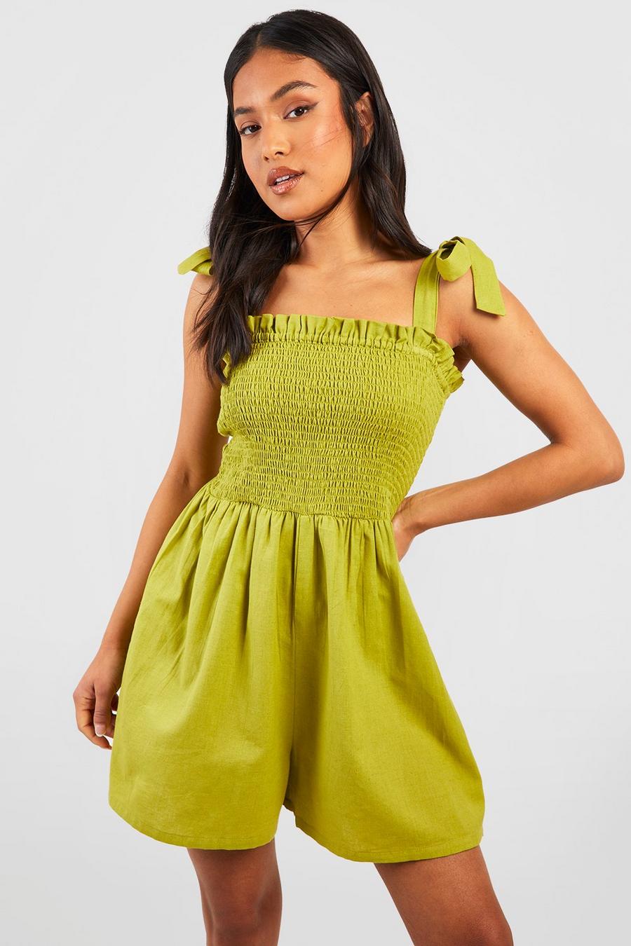 Olive green Petite Linen Shirred Detail Playsuit