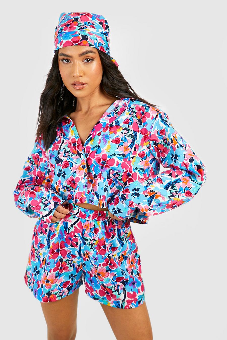 Multi Petite Floral Shirt Headscarf And Short Co-ord image number 1