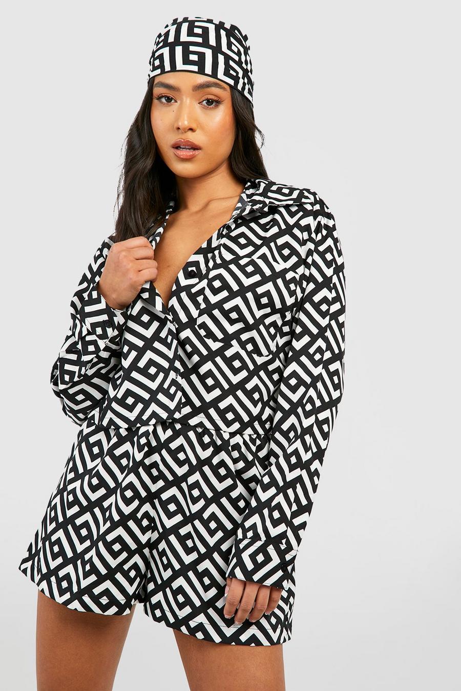 Black Petite Geometric Shirt Headscarf And Short Co-ord image number 1