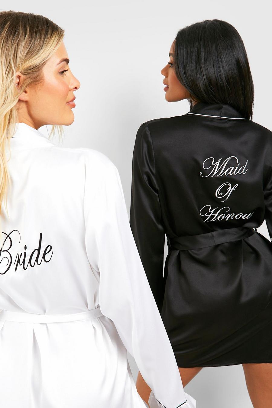 Robe de chambre satinée à slogan Maid Of Honour, Black image number 1