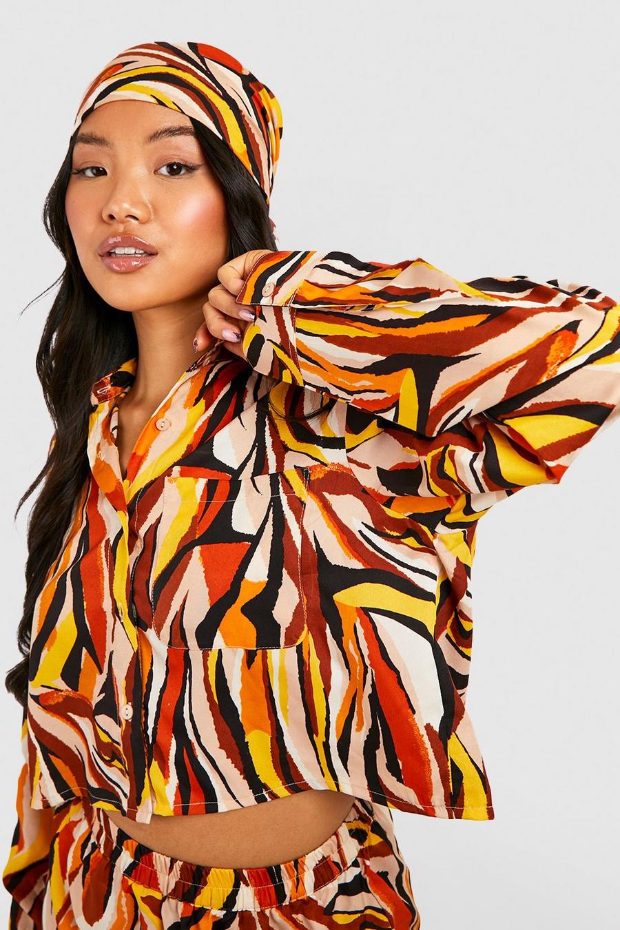 Brown Petite Zebra Shirt Headscarf And Short Co-Ord image number 1
