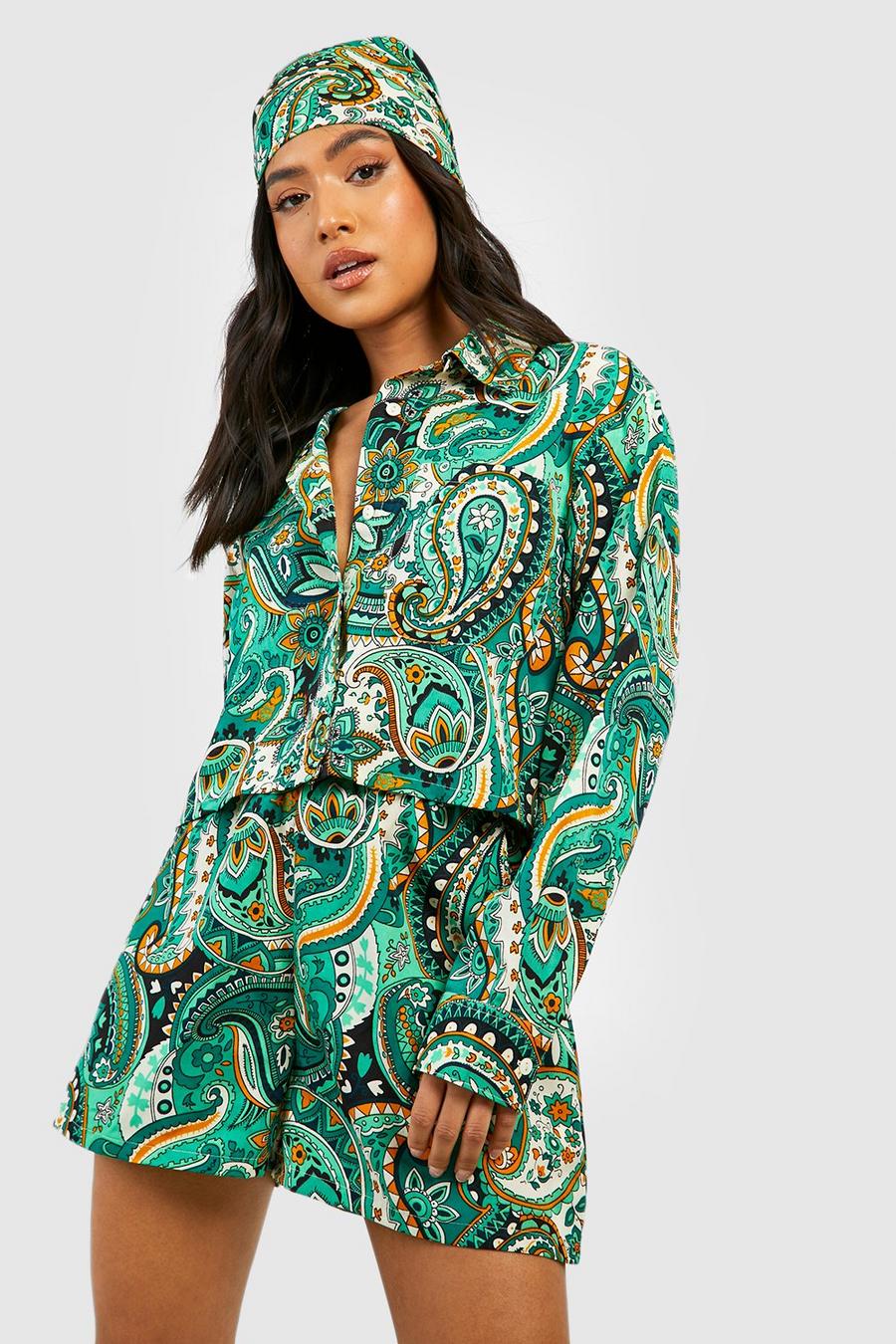 Green Petite Paisley Shirt Headscarf And Short Co-ord image number 1