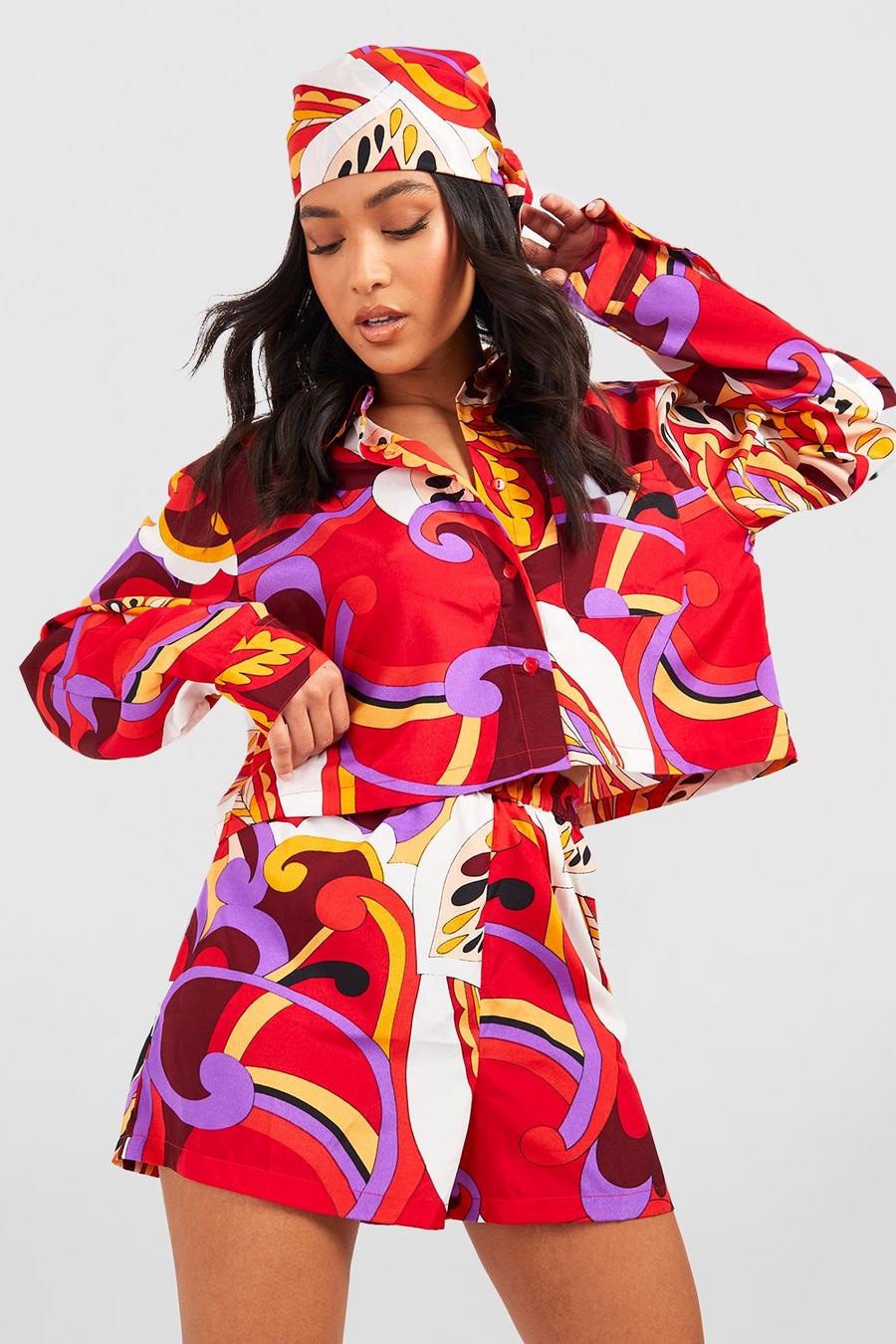 Multi Petite Abstract Shirt Headscarf And Short Co-ord image number 1
