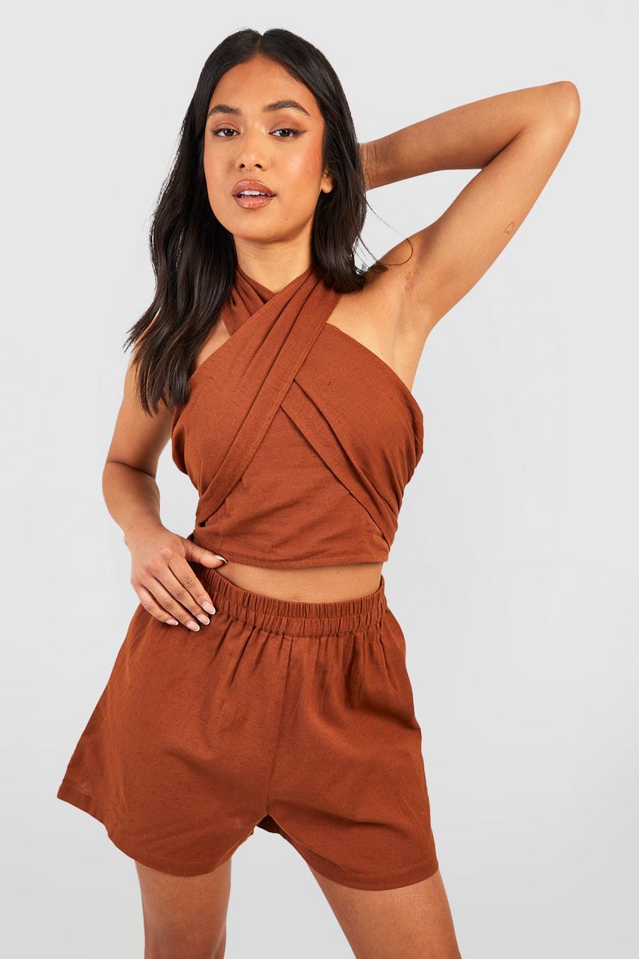 Chocolate Petite Halter Top & Short Linen Co-ord image number 1