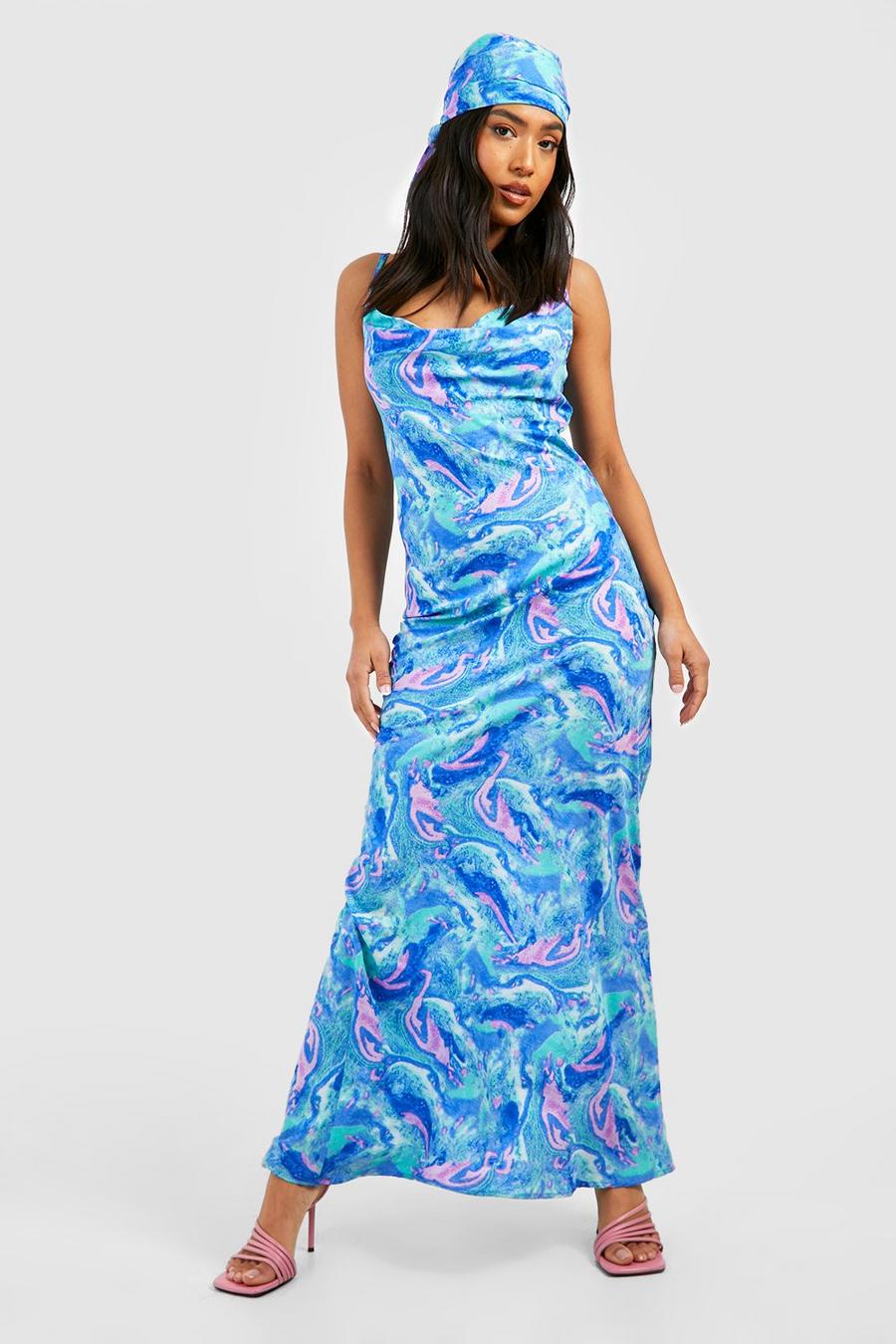 Blue Petite Marble Headscarf And Maxi Dress Set  image number 1