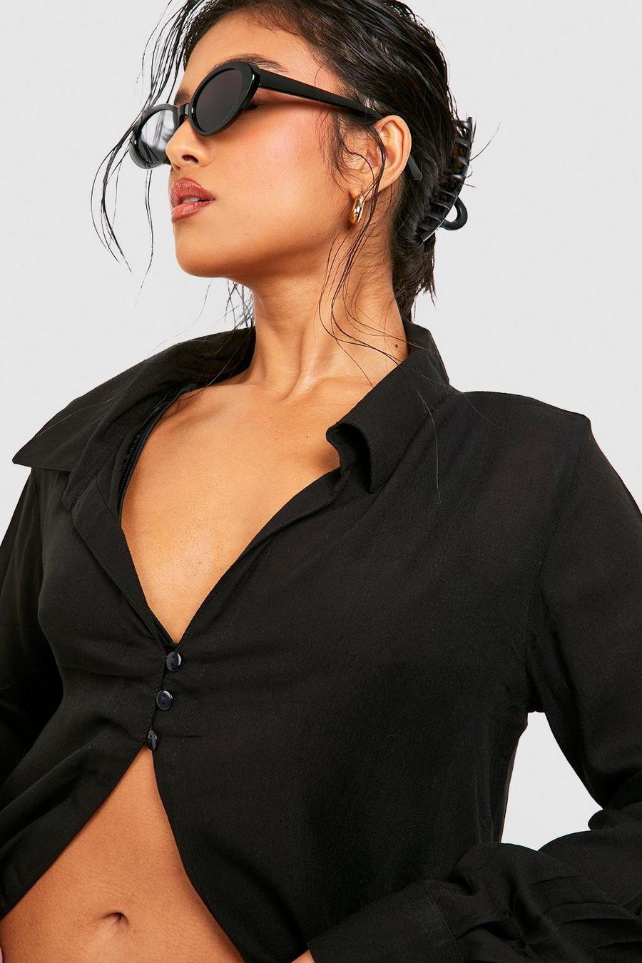 Black Petite Button Front Longline Open Cheesecloth Shirt