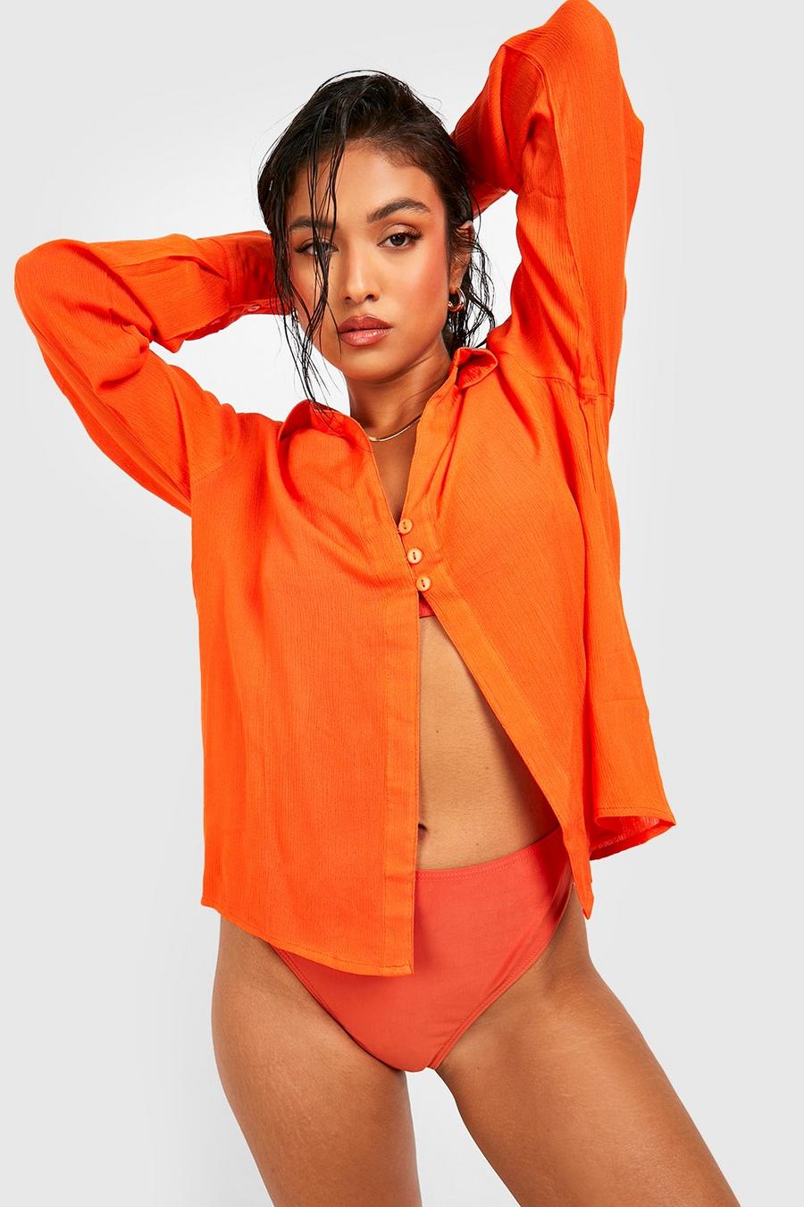 Orange Petite Button Front Longline Open Cheesecloth Shirt image number 1