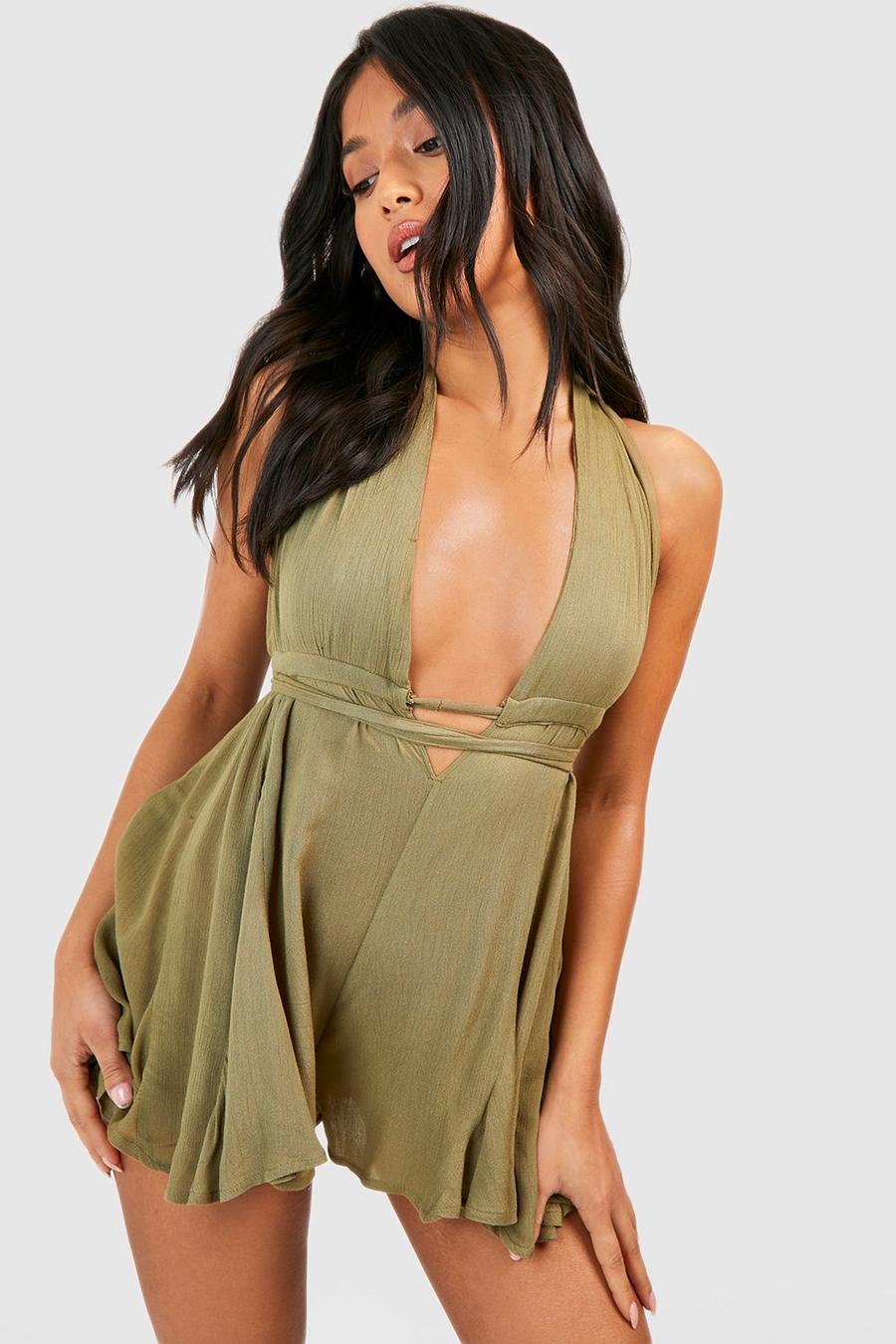 Khaki Petite Halter Cheesecloth Playsuit image number 1
