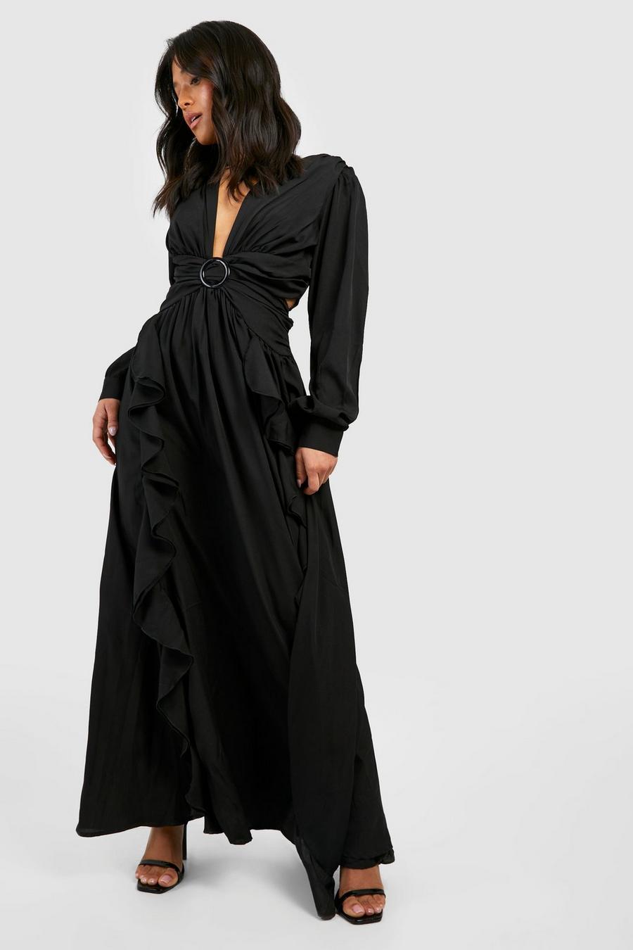 Black Petite Ruffle Belted Maxi Dress image number 1