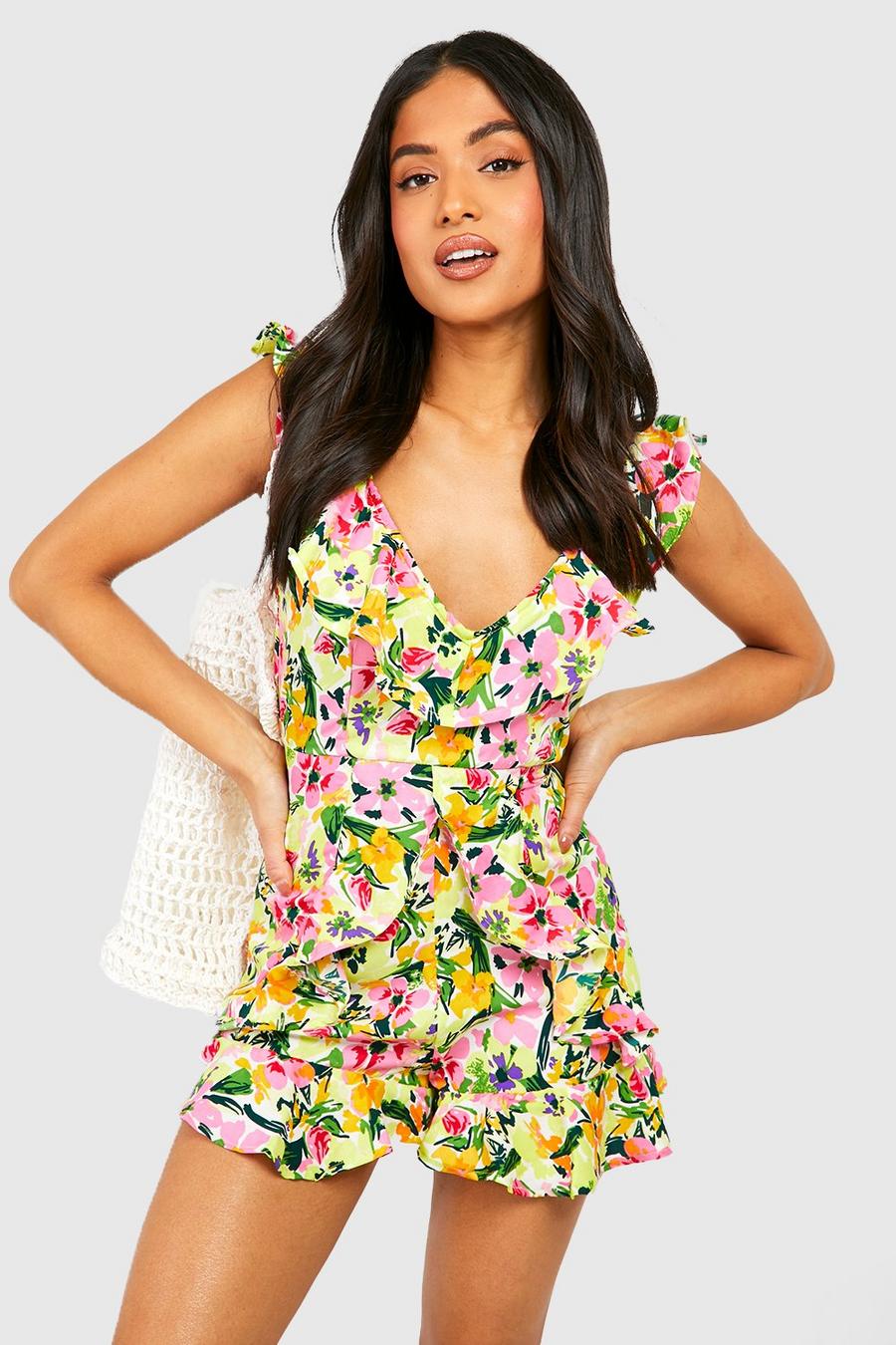 White Petite Floral Ruffle Romper image number 1