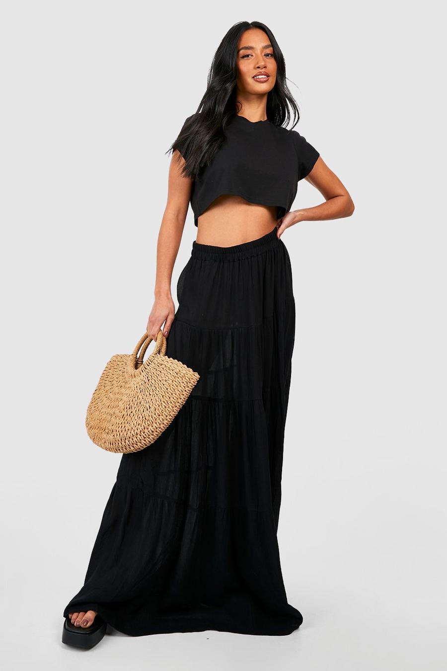 Black Petite Tiered Cheesecloth Maxi Skirt image number 1