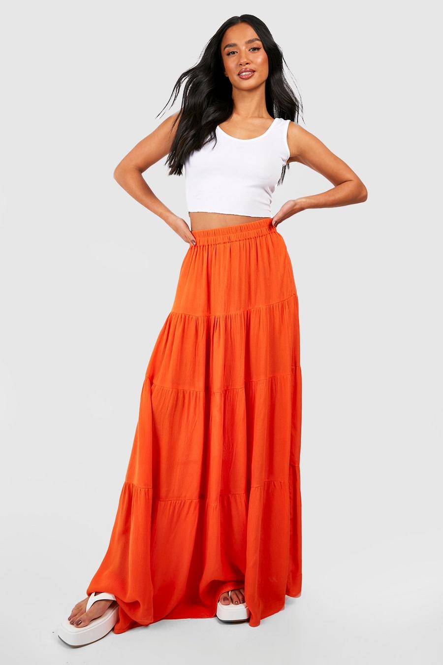 Orange Petite Tiered Cheesecloth Maxi Skirt image number 1