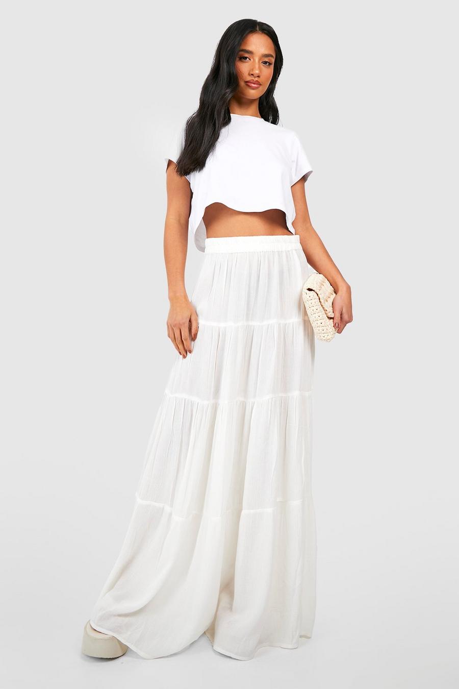 White Petite Tiered Cheesecloth Maxi Skirt image number 1