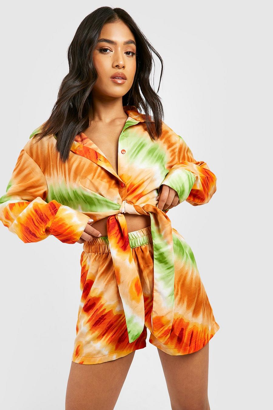 Orange Petite Tie Dye Tie Front Shirt And Short Co-ord image number 1