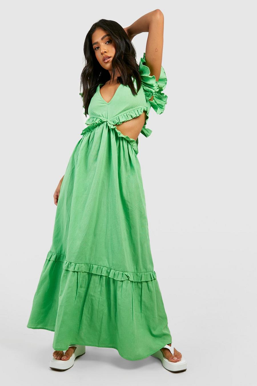 Green Petite Cut Out Ruffle Linen Maxi Dress image number 1