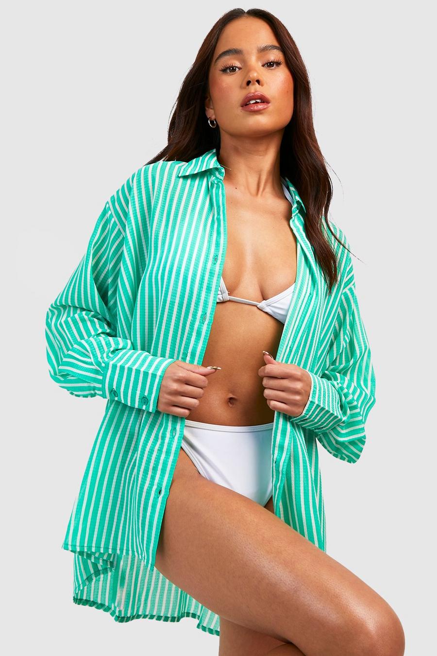 Green Petite Stripe Oversized Beach Shirt image number 1