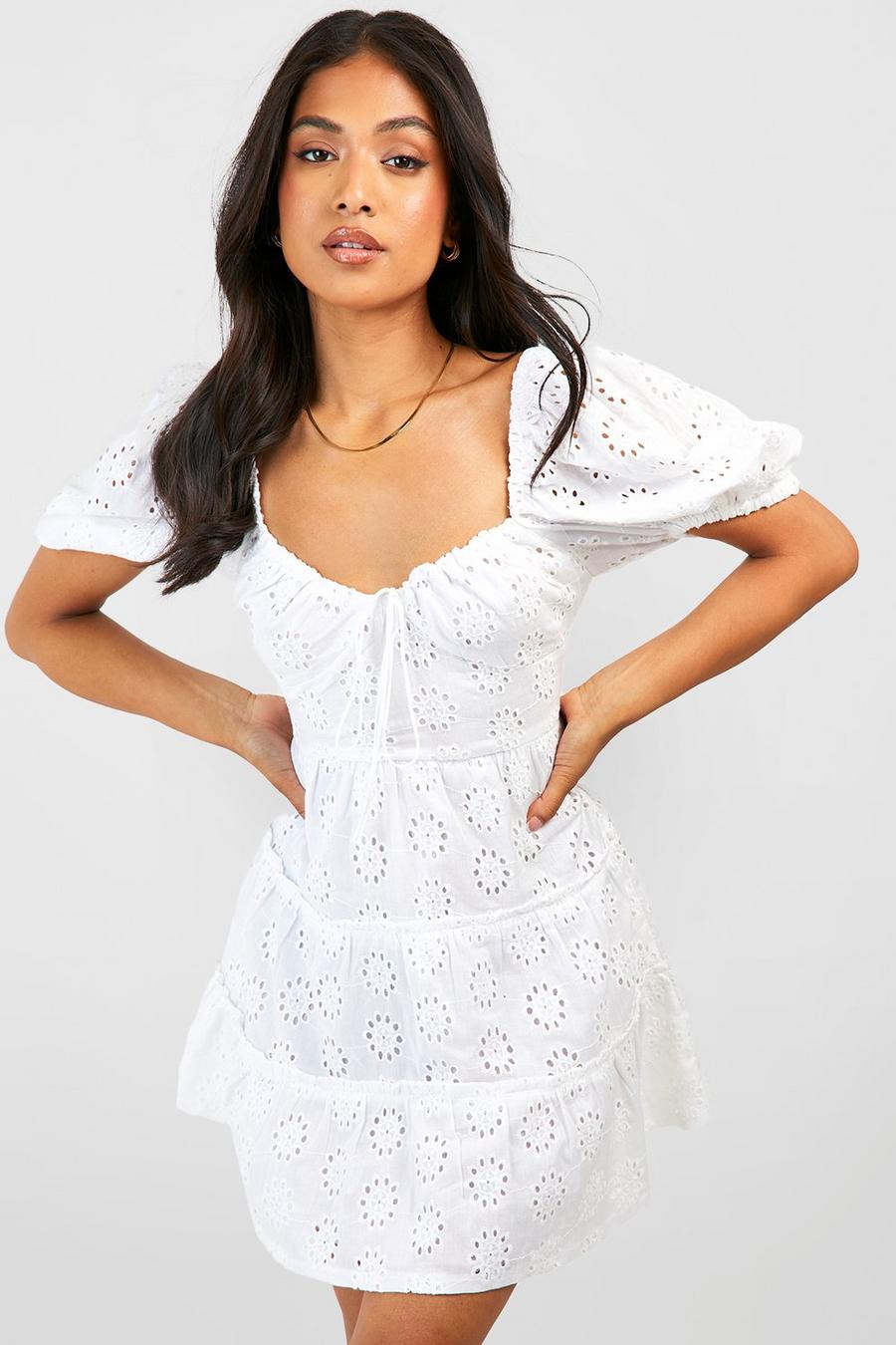 White Petite Puff Sleeve Eyelet Smock Dress