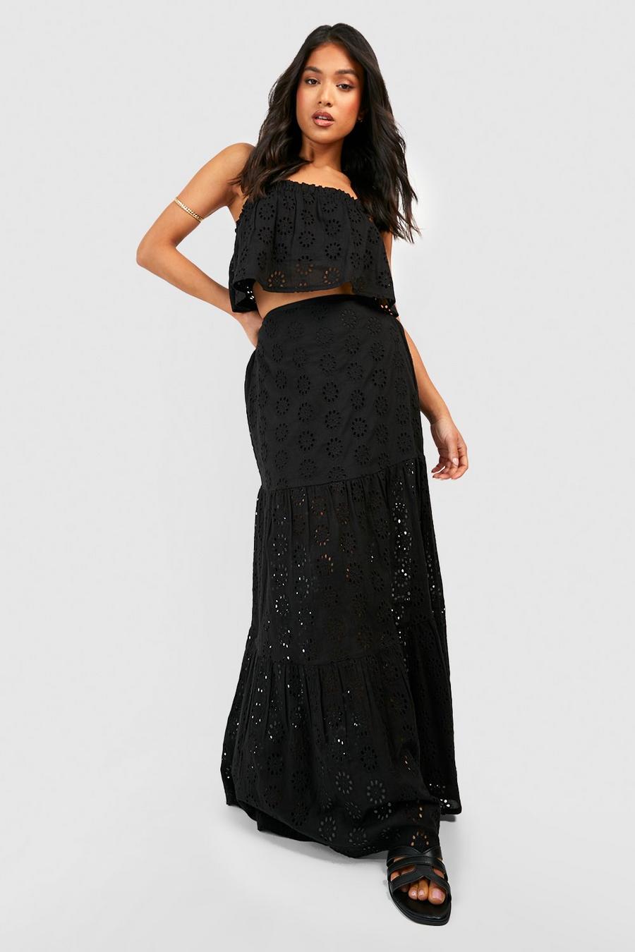 Black Petite Broderie Bandeau And Maxi Skirt Co Ord image number 1