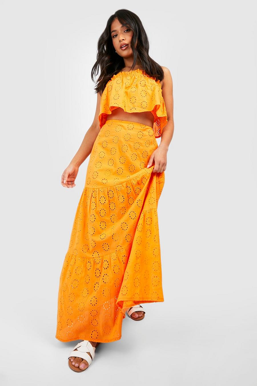 Pale orange Petite Broderie Bandeau And Maxi Skirt Co Ord image number 1