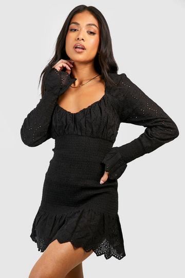 Petite Shirred Eyelet Bodycon Dress black