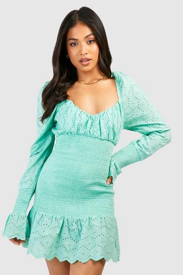 Sage Green Petite Shirred Broderie Bodycon Dress