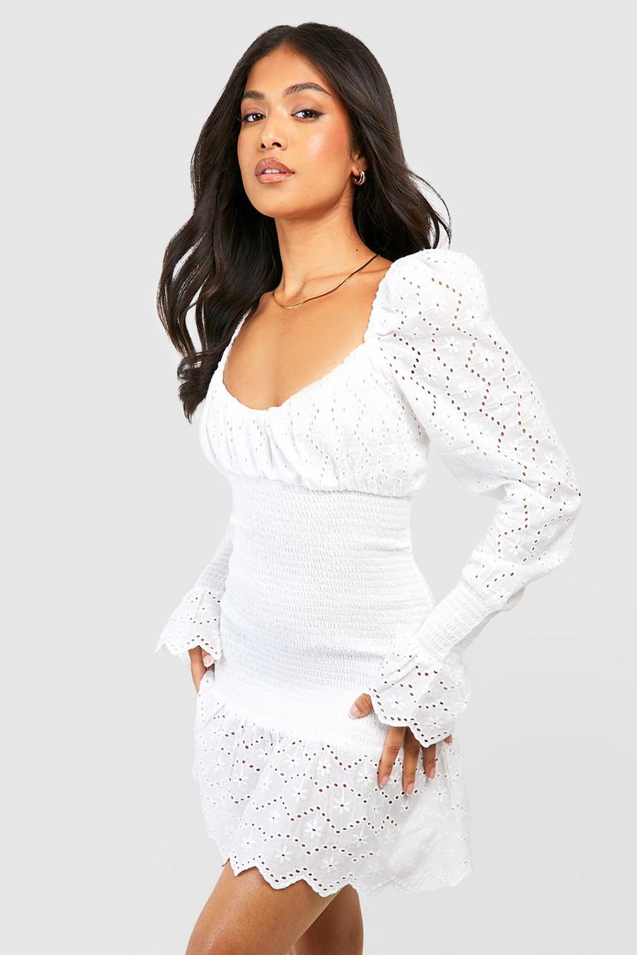 White Petite Shirred Broderie Bodycon Dress image number 1