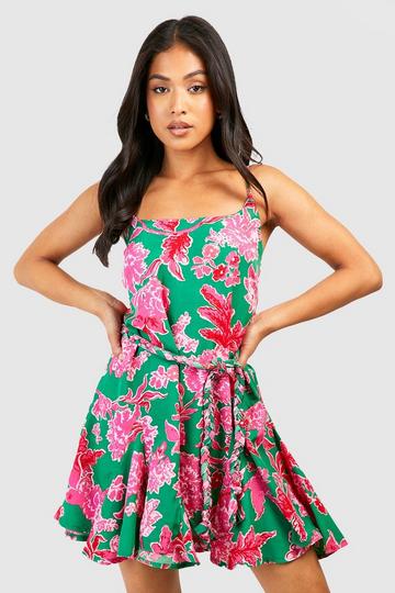 Petite Strappy Godet Detail Belted Skater Dress green