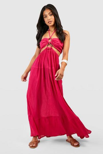 Petite Halter Ring Detail Cheesecloth Beach Maxi Dress hot pink