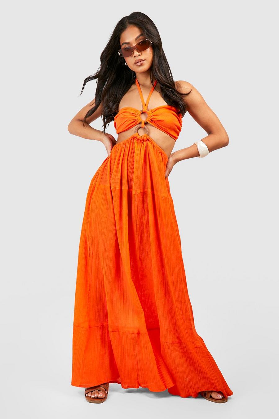 Orange Petite Halter Ring Detail Cheesecloth Beach Maxi Dress image number 1