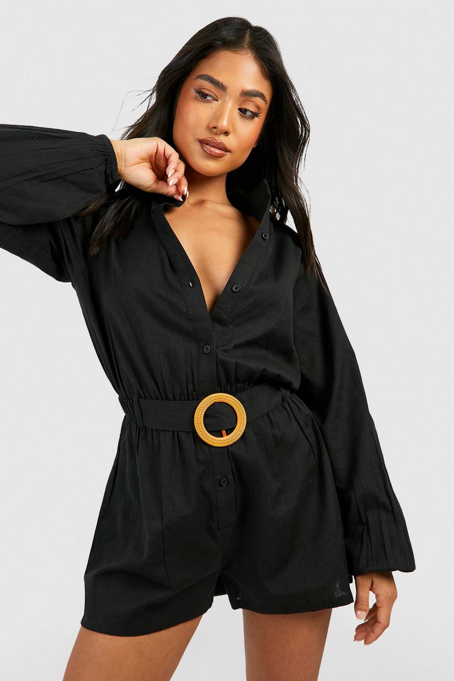 Black Petite Cotton Belted Utility Playsuit