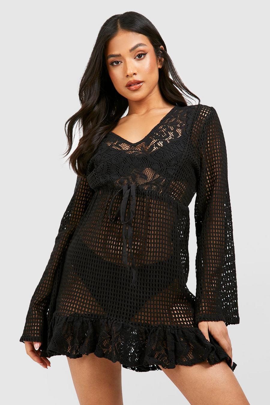 Black Petite Crochet Lace Trim Beach Dress