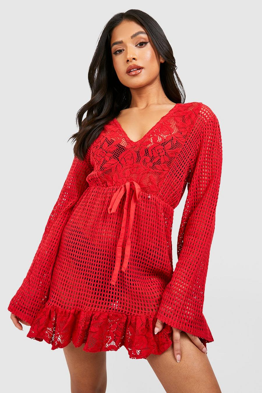 Red Petite Crochet Lace Trim Beach Dress